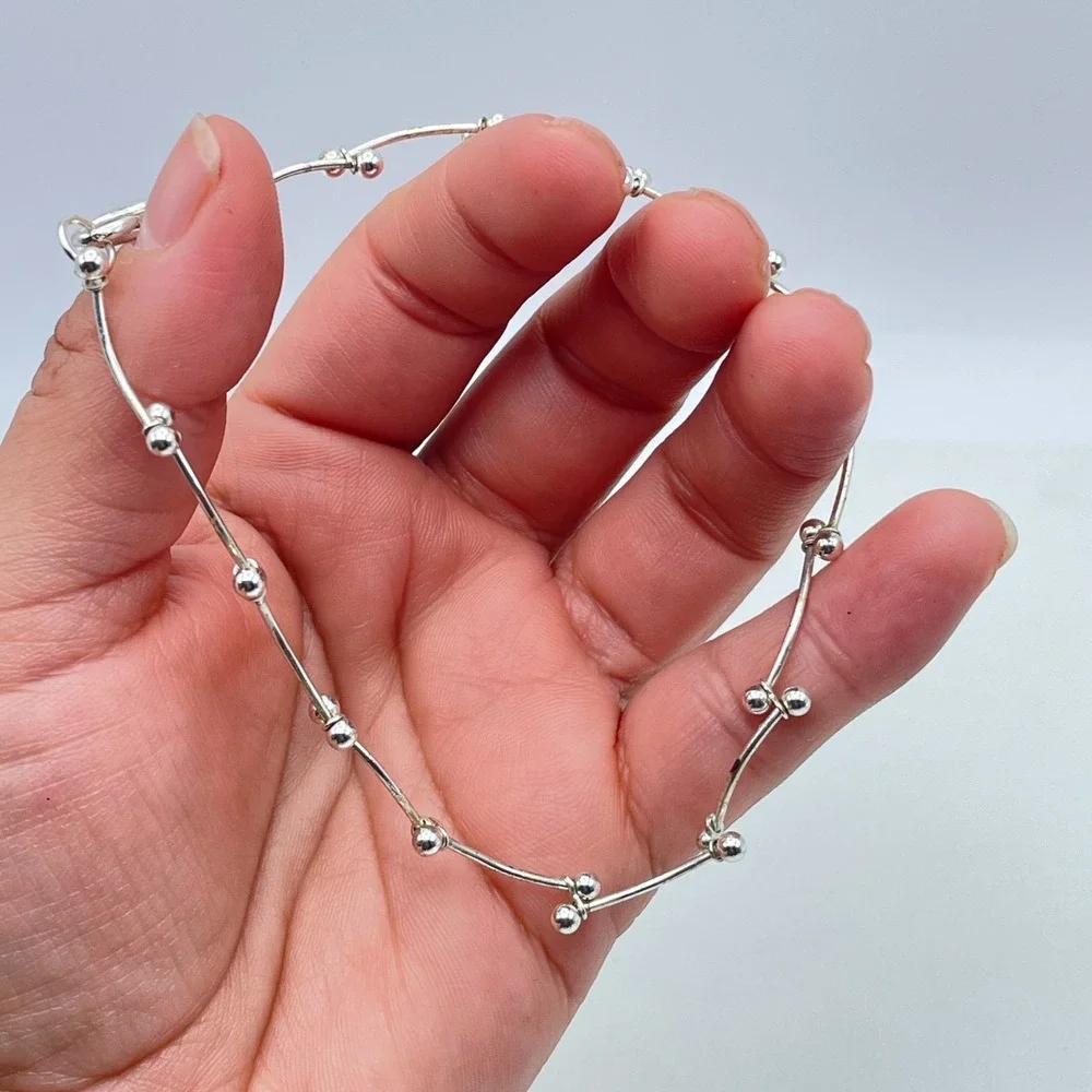 Contemporary Silver-Tone Classic Curved Dainty Bars Ball Link Lobster Bracelet